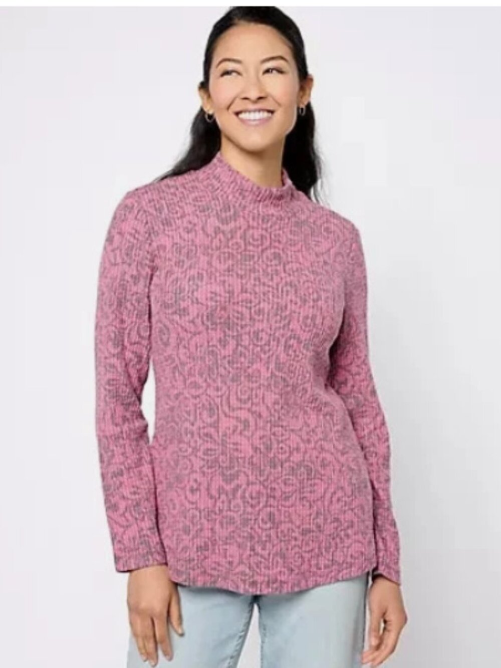 Susan Graver Wknd Brshd Waffle Knit Mock-Neck Long-Slv Top-Wine/Rose-XXS-A615683